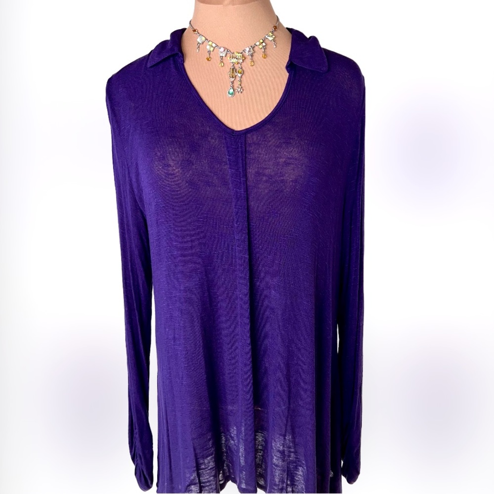 Cato purple pullover long sleeve curvy tunic v neck collar gathered cuffs sz L